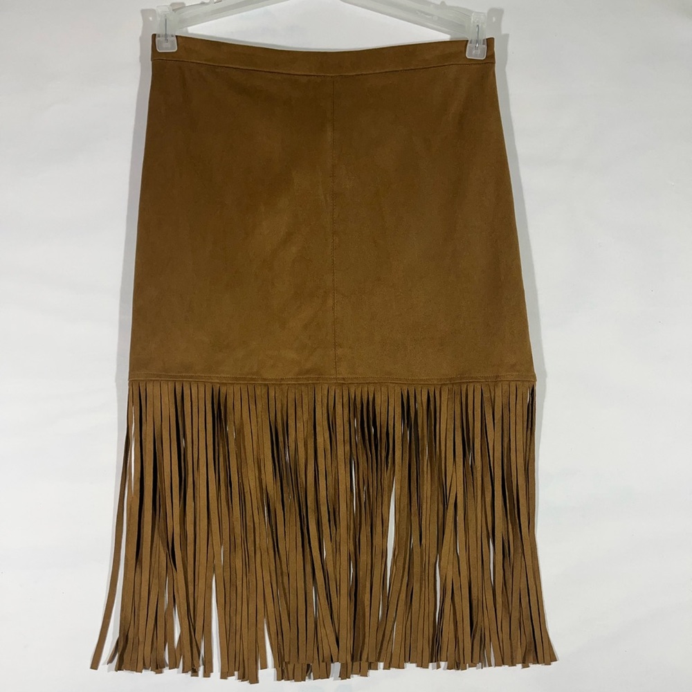 Forever 21 Suede Skirt Women M Brown W/Fringe Zip Back Closure BOHO HIPPIE WEST